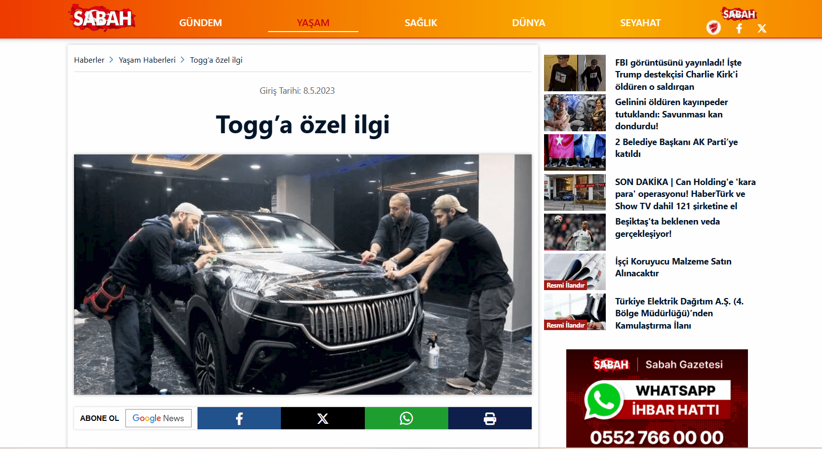 SABAH GAZETESİ; Togg’a özel ilgi