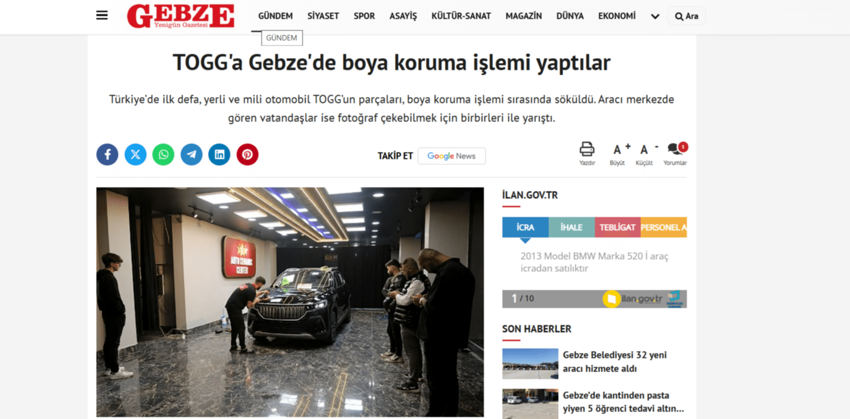 GEBZE YENİGÜN; TOGG'A GEBZE'DE BOYA KORUMA İŞLEMİ YAPILDI